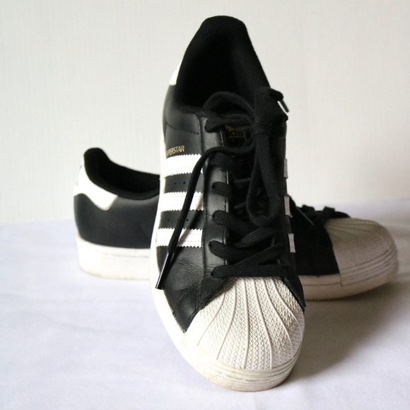 ADIDAS Superstar Leather Sneakers Running Shoes Black White Women's Size 7 - Picture 2 of 12